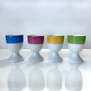 Pottery Barn Egg Cup Set 4 Gold Trim Color Block Porcelain